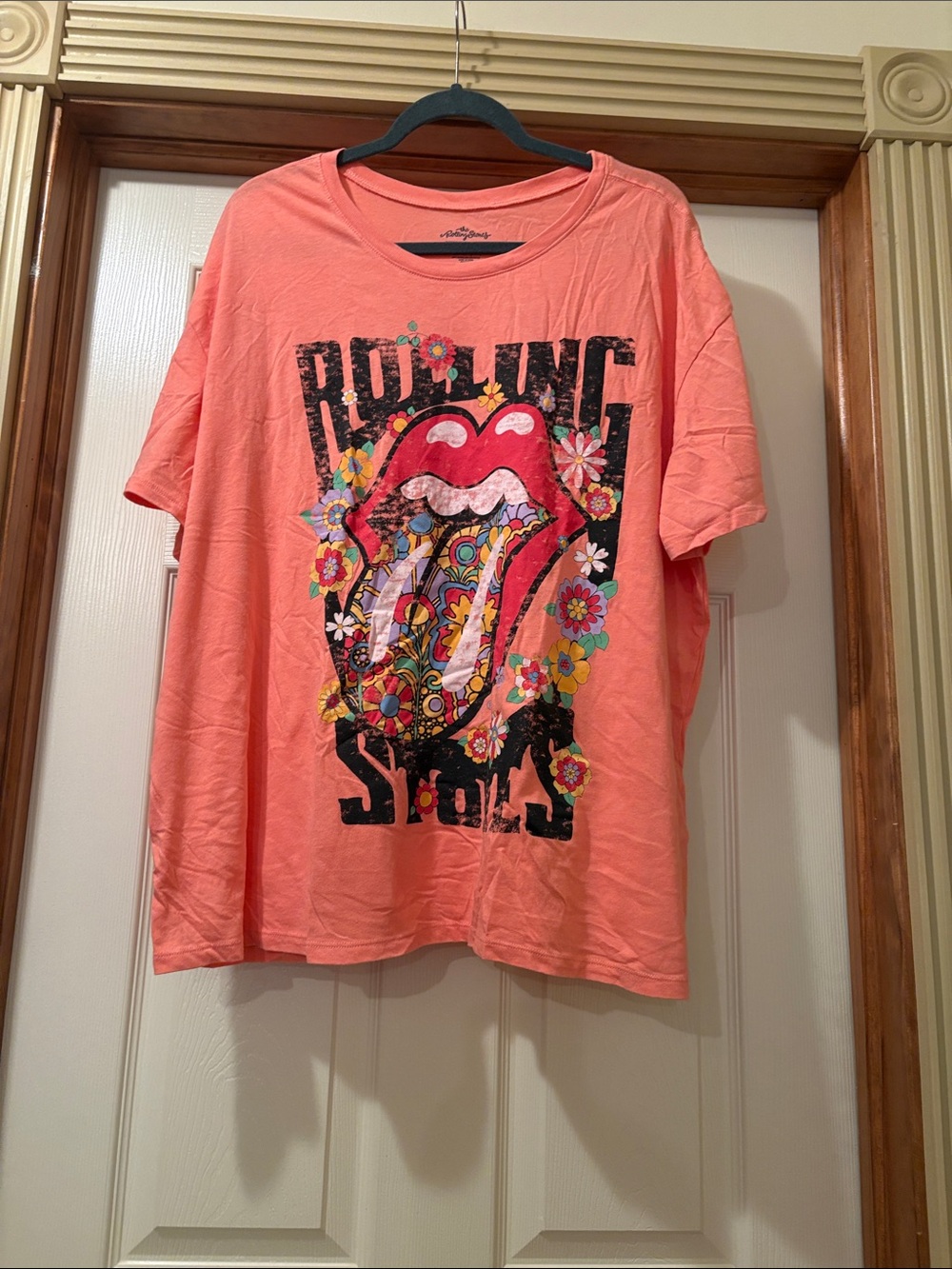 the Rolling Stones Coral Pink Graphic Tee with Floral Tongue